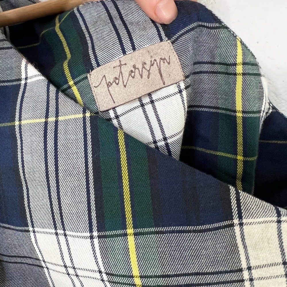 Petersyn Blue Green Plaid One Shoulder Ruffle Puff Sleeve Top - Picture 5 of 8